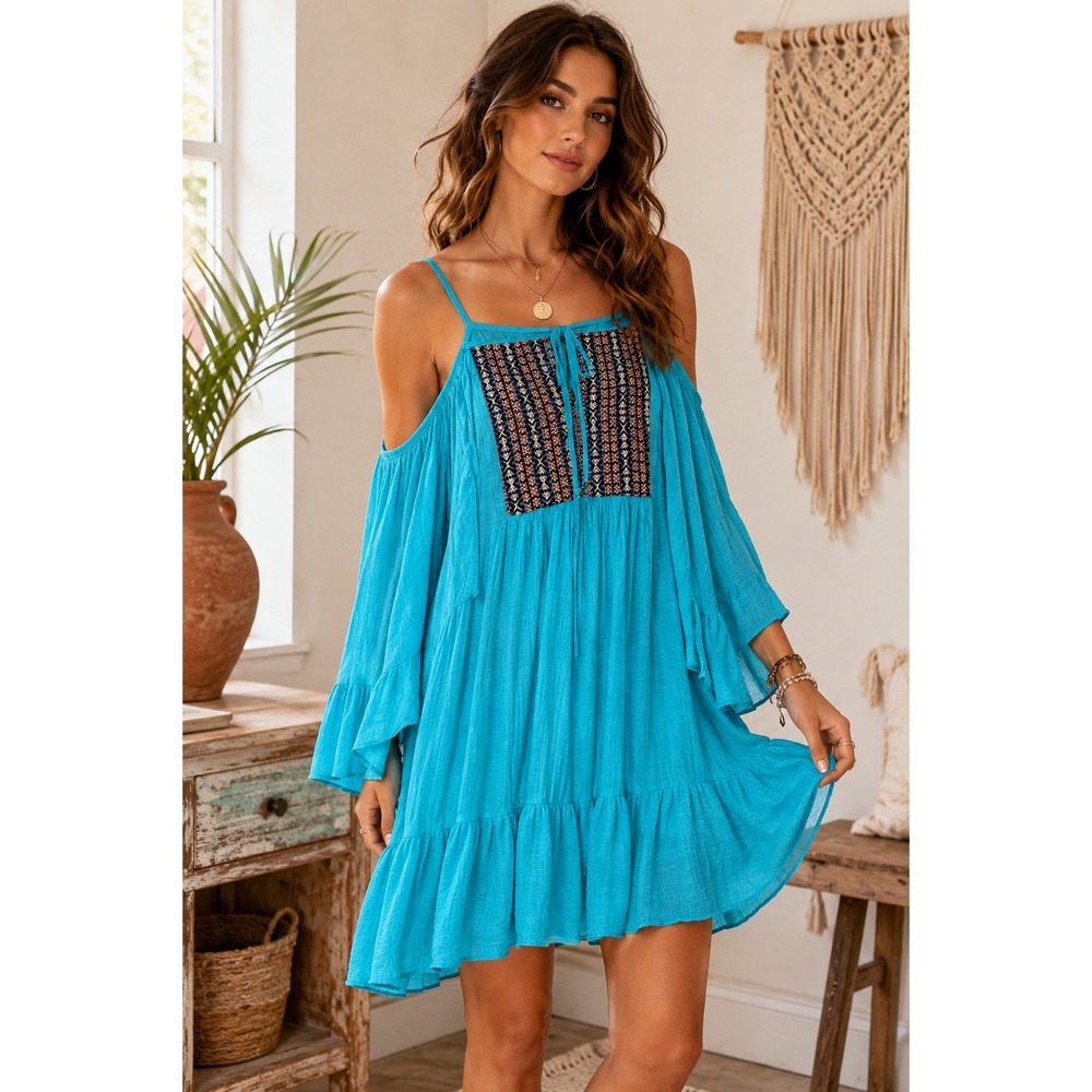 Macbeth Collection Margaret Josephs Blue Cold‎ Shoulder Embroidered Tunic Top M